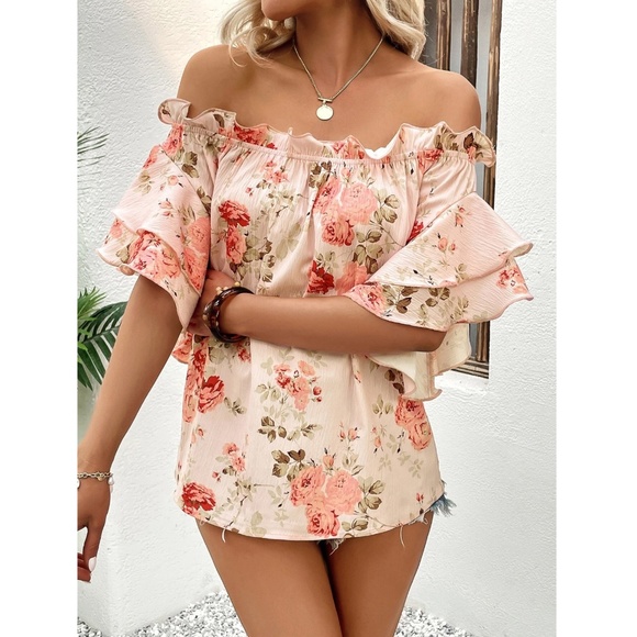 Floral Print Pink Off Shoulder Ruffle Detail Top Blouse Shirt - Picture 6 of 8